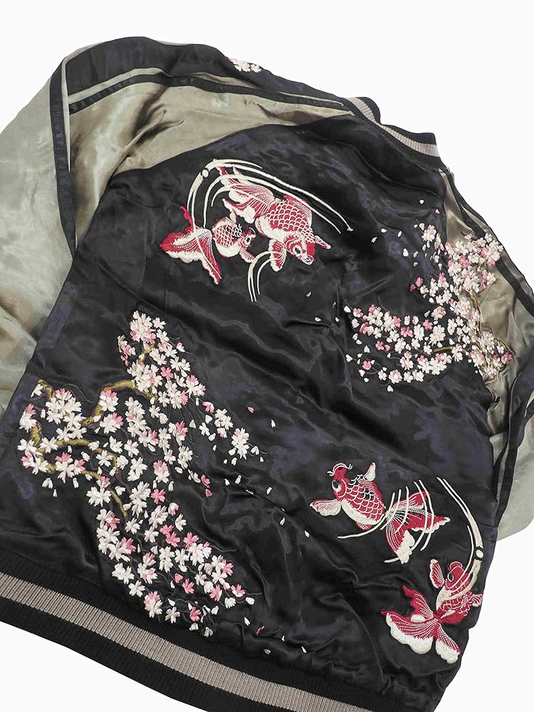 花旅楽団　スクリプト　リバーシブル　スカジャン　刺繍　和柄　金魚　桜 花旅楽団 スカジャン メンズ レディース ユニセックス ピンク 桜